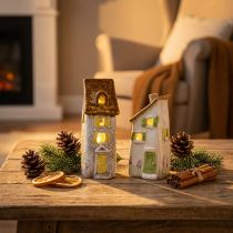 Article Maison rustique en céramique avec LED lumineuse, idéale comme décoration de table d'ambiance, 15 cm, lot de 2