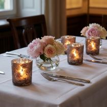 Article Porte-bougies chauffe-plat, pivoines, brun argenté, H8 cm, lot de 4