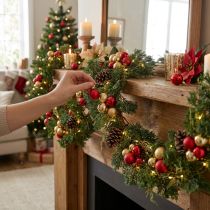 Article Guirlande de sapin artificiel 160 cm, décoration de Noël, décoration murale et de fenêtre, aspect cèdre