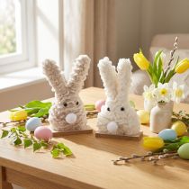 Article Lapin de Pâques décoratif en peluche – décoration de Pâques moelleuse en beige et blanc sur socle en bois H18cm 2 pcs