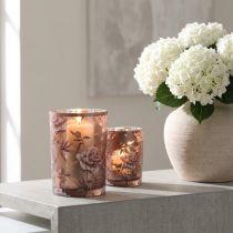 Article Lanterne en verre marron argent rose pivoines H18cm