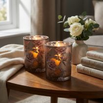 Article Lanterne décorative en verre pivoines marron argenté H12,5 cm 2 pcs