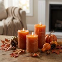 Article Bougies piliers orange foncé, couleur unie, Sunset Rustic, 60 x 80 mm, lot de 4, pour les décorations d'automne et de l'Avent.