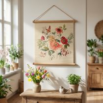 Article Décoration murale florale, tapis en bambou et corde de jute, H44 x L42cm pour salon