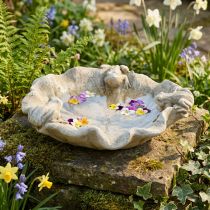 Article Bain d'oiseau avec grenouilles, figurine de jardin en béton, bain d'oiseau feuille de lotus L21cm H7cm