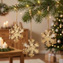 Article Flocon décoratif en bois de manguier doré, Ø10 cm, lot de 6