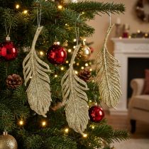 Article Plumes décoratives dorées avec paillettes à suspendre – Lot de 12