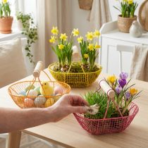 Article Panier en fil de fer avec poignée en bois. Design pratique. Idéal pour les décorations printanières, à la maison comme au bureau. 17 cm, lot de 6.