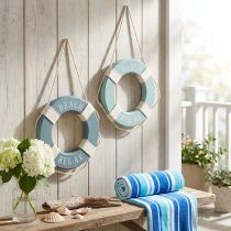 Article Bouée de sauvetage décorative en bois, anneau de natation maritime bleu 17 cm, 2 pièces