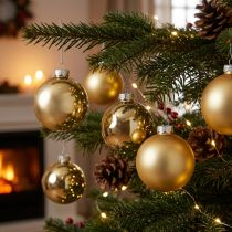 Article Boule de sapin, Décorations de sapin de Noël, Boule de Noël dorée H8.5cm Ø7.5cm verre véritable 12pcs