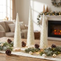 Article Sapin de Noël décoratif avec socle en bois pour décoration hivernale, 40 cm, 3 pièces