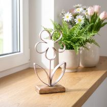Article Décoration Métal Fleur sur Socle Bois Vieux Rose Argent H29cm
