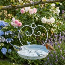 Article Bain d'oiseaux Décoration Métal Coeur Blanc Bleu Suspendu Ø21.5cm