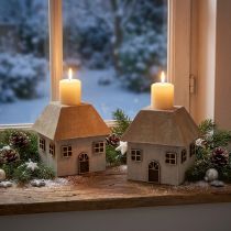 Article Porte-bougies de Noël, maison en bois, gris, 9×9×11 cm, lot de 2