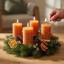 Article Bougies piliers, orange foncé, couleur unie, motif coucher de soleil, 60 x 100 mm, lot de 4, style rustique, été, automne, Avent