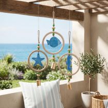 Article Décoration à suspendre carillon éolien maritime bois naturel bleu H35cm 3pcs