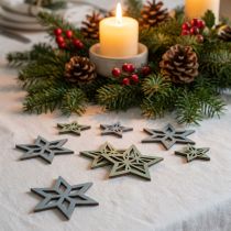 Article Déco étoiles bois bleu, vert étoiles bois Noël 4cm mix 36pcs