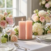 Article Bougies piliers rose clair, entièrement roses, 85×200 mm, longue durée de combustion, lot de 2, décoration de table de haute qualité pour les fêtes