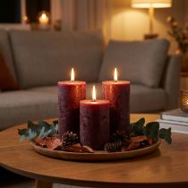 Article Lot de 4 bougies piliers bordeaux, couleur unie, 70 x 120 mm - Bougies décoratives pour une ambiance et un bien-être optimaux à la maison