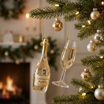 Article Ensemble pendentif bouteille et verre de champagne, décoration de sapin de Noël, 14 cm, 2 pièces