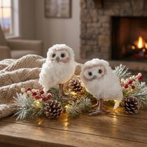 Article Décoration hivernale, figurines de hibou décoratives à poser, blanches, 15 cm, lot de 2