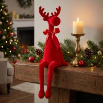 Article Figurine décorative d'élan avec nœud, assis, floqué, à poser sur une étagère, 54 cm