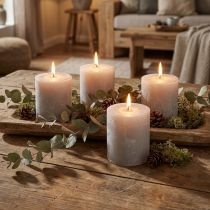 Article Bougies unies, gris clair, bougies piliers 70×80 mm, lot de 4, décoration rustique pour la maison et le jardin