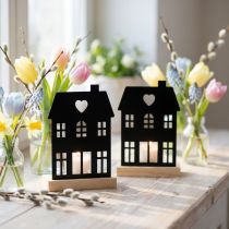 Article Lanterne maison métal noir avec socle en bois H15cm 2pcs