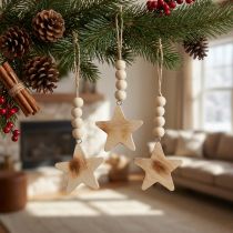Article Étoiles décoratives en bois avec corde et perles naturelles, set de 6 pièces