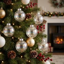 Article Boule de Noël en verre transparent nacré à effet irisé, avec attache en métal, 5 cm, lot de 24.