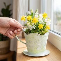 Article Pot de fleurs, porte-filtre à café décoratif, pot en métal pour plantes, décor floral vert et blanc, style shabby chic, H 11 cm Ø 11 cm
