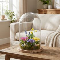 Article Cloche en verre avec plaque en bois décor verre Ø17cm H25cm