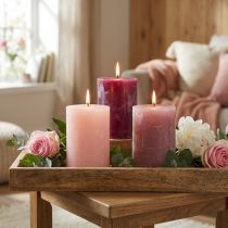 Article Lot de 12 bougies piliers, coloris rose et framboise, 70 x 100 mm, longue durée de combustion, idéal pour la décoration et les cadeaux.