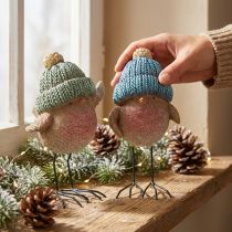 Article Oiseau décoratif avec chapeau décoration d'hiver bleu vert H18cm 2 pcs