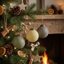 Article Boules de Noël en verre floqué, jaune/vert/gris, Ø6 cm, lot de 3