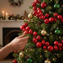 Article Guirlande décorative rouge 160 cm avec boules pour Noël