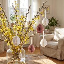 Article Oeufs de Pâques à suspendre oeufs en nid d'abeille blanc orange 8cm 6 pcs