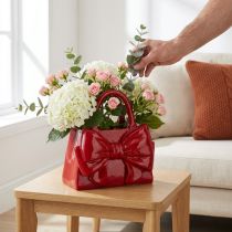 Article Vase décoratif en forme de sac à main avec nœud, finition brillante, 22 cm