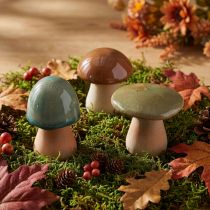 Article Décoration champignon en céramique marron, vert et bleu, motif automne, hauteur 6-7,5 cm, lot de 3