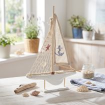Article Décoration voilier bois pin sur socle blanc naturel H39cm