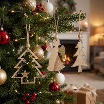 Article Ornements de Noël en bois doré avec cordelette - Lot de 12