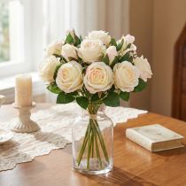 Article Bouquet de roses artificielles, fleurs artificielles, crème, 36 cm, 12 pièces