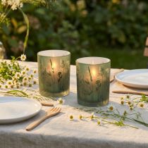 Article Lanterne décorative en verre vert blanc motif prairie H12,5cm 2 pièces
