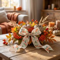 Article Ruban cadeau, motif automnal avec cynorrhodons et feuilles, 40 mm x 18 m
