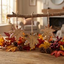 Article Décoration en bois de feuille d'érable automne vert rouge marron H10cm 6 pièces