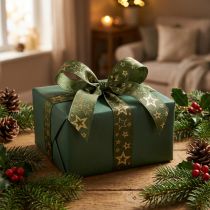 Article Ruban décoratif de Noël avec étoiles vert doré L25mm L15m
