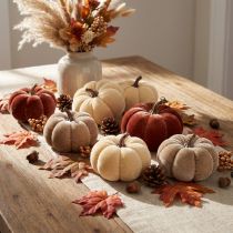 Article Décorations citrouille, citrouilles en tissu, jaune, beige, brun rougeâtre, Ø7 cm, lot de 9