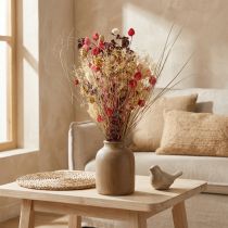 Article Bouquet de fleurs séchées style bohème, chardon-fraise et bleuet rouge délavé, aspect réaliste, 150 g