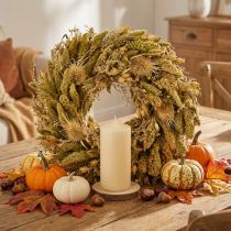 Article Couronne décorative séchée de chardons et de millet dans les tons jaune-vert olive, style champêtre naturel, Ø 28 cm, décoration murale et de table polyvalente