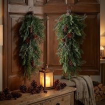 Article Branches de Noël artificielles à suspendre, décoration en branches de sapin, branches de cyprès avec pommes de pin, couronne de porte, décoration murale, décoration de fenêtre, en plastique résistant, 60 cm